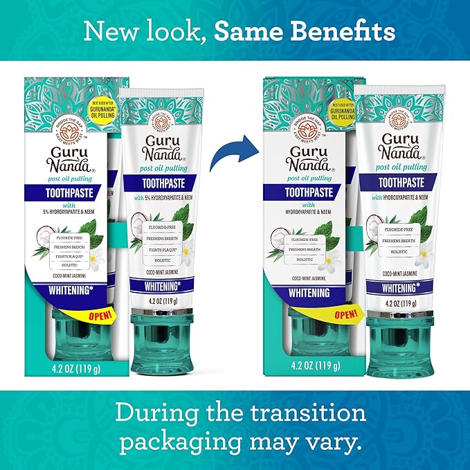 GuruNanda Hydroxyapatite Toothpaste, SLS & Fluoride Free, Whitening Toothpaste - Freshens Breath, Fights Plaque - Natural CocoMint Jasmine Neem, 4.2oz