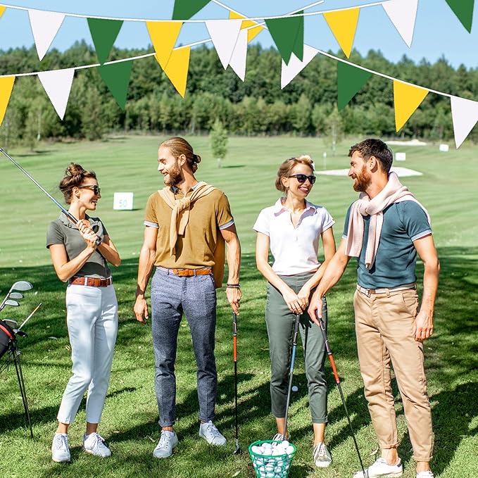 MARFOREVER 28 FT Spring Yellow Green White Pennant Banner Flags, 30 Pcs Fabric Triangle Flag Bunting Garland Banner for Baby Shower Nursery Garden Wedding Engagement Golf Theme Party Decorations