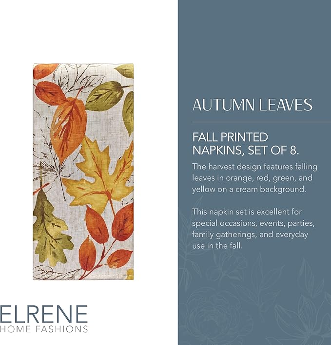 Elrene Home Fashions Autumn Leaves Printed Fall Cloth Dinner Napkins, 17" x 17", Set of 8