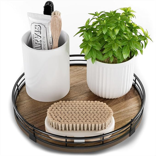 Acacia Wood 9" Bathroom Vanity Tray Turntable, Farmhouse Round Bathroom Countertop Organizer for Soap Perfume, Rotating Organizer for Kitchen Table Centerpieces, Decorative Trays for Coffee Table