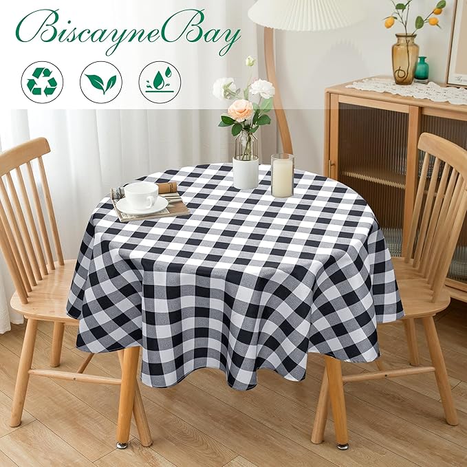 Biscaynebay Fabric Round Tablecloths 60", Black/Grey Scottish Plaid Table Cloth Small Circle Folding Table Covers Water Resistant for Dining, Kitchen, Wedding & Parties, etc