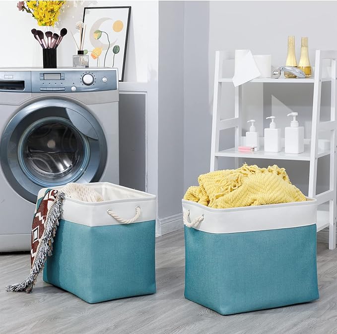 Bidtakay Storage Baskets Extra Large 17x12x15 In Teal Blue Nursery Toy Baskets Fabric Long Shelf Baskets for Organizing Set of 2 Linen Closet Bins for Shelves Decorative Blanket Basket Living Room