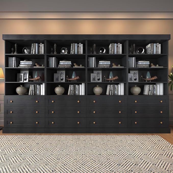 Vyre 71" Tall Farmhouse Bookshelves with Drawers, Set of 4 – Large Modular Bookcase with Adjustable Shelves, Storage Cabinet for Living Room, Kitchen, Home Office, Black