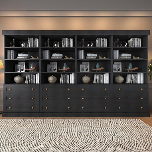 Vyre 71" Tall Farmhouse Bookshelves with Drawers, Set of 4 – Large Modular Bookcase with Adjustable Shelves, Storage Cabinet for Living Room, Kitchen, Home Office, Black