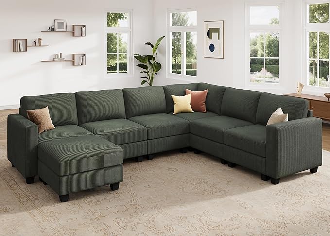 HONBAY Corduroy Sectional Sofa with Storage, U Shape Modular Sectional Sofa with Chaise, Modular Couches for Living Room, Green