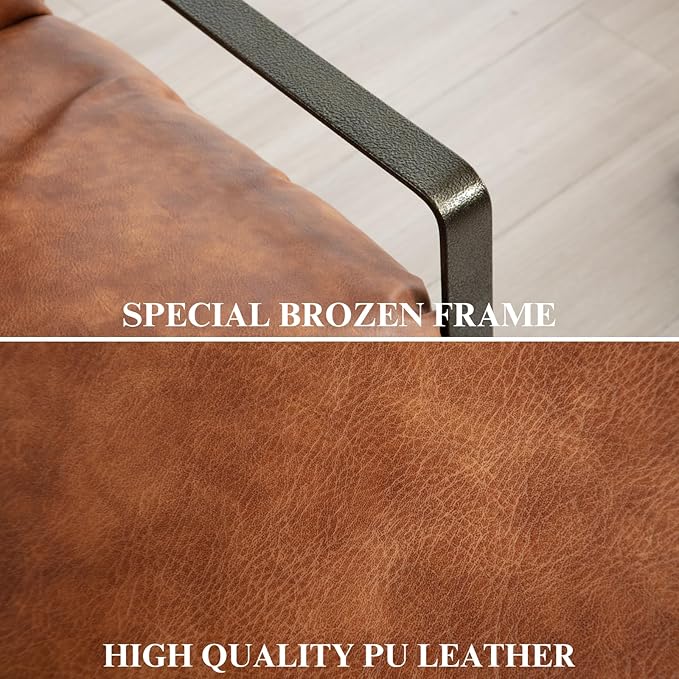 DUOMAY Mid-Century Accent Chair Armchair, Comfy PU Leather Leisure Chair Lazy Chair with Brozen Metal Leg for Living Room Bedroom Office Apartment, Brown