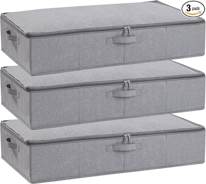 Under the Bed Storage Bins, 31.5 x 15.7 x 5.9 Inch Closet Organizers with Reinforced Handles for Blanket, Sheets, Pillows, Towels, Shoes, Grey, 3 Pack