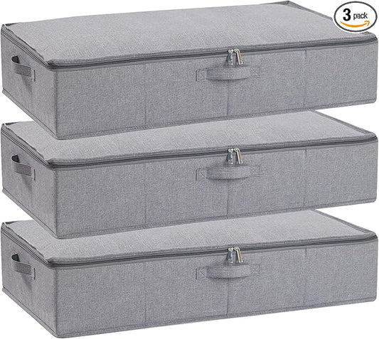 Under the Bed Storage Bins, 31.5 x 15.7 x 5.9 Inch Closet Organizers with Reinforced Handles for Blanket, Sheets, Pillows, Towels, Shoes, Grey, 3 Pack