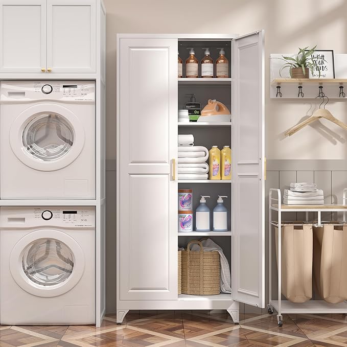 Kitchen Pantry Cabinet,75”White Metal Storage Cabinets with Doors and 4 Adjustable Shelves,Kitchen Cabinet with 2 Gold Handles,Tall Cabinet for Livingroom,Pantry, Bathroom