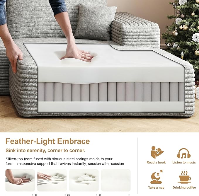 136" Sectional Couches for Living Room Modern Modular Sofa with L-Shape Couchs Upholstered Boneless Couch Deep Seat Sectional Couch with Chaise (Grey, Right Facing Chaise+3Seaters)