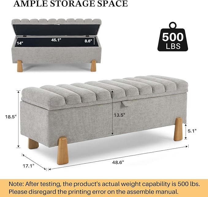 Storage Ottoman Bench, Bedroom Storage Bench Foot Rest with Legs, 17.1 x 48.6 x 18.5 Inches, End of Bed Bench, Load up to 500 lb, for Living Room, Bedroom, Entryway, Light Gray