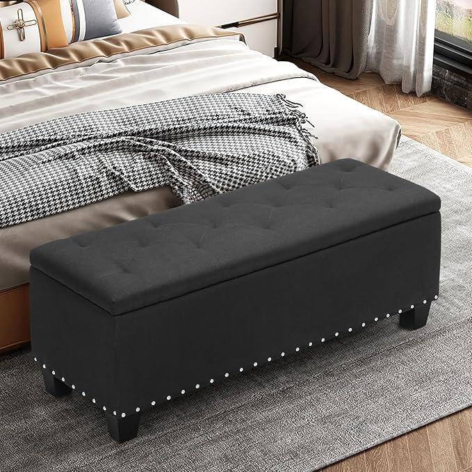 MoNiBloom 42 Inch Long Ottoman with Storage, Black Linen Foot Stool Upholstered Foam Padded Rectangular Fabric Tufted Bench Footrest for Living Room Bedroom Entry with 300 Lbs Capacity
