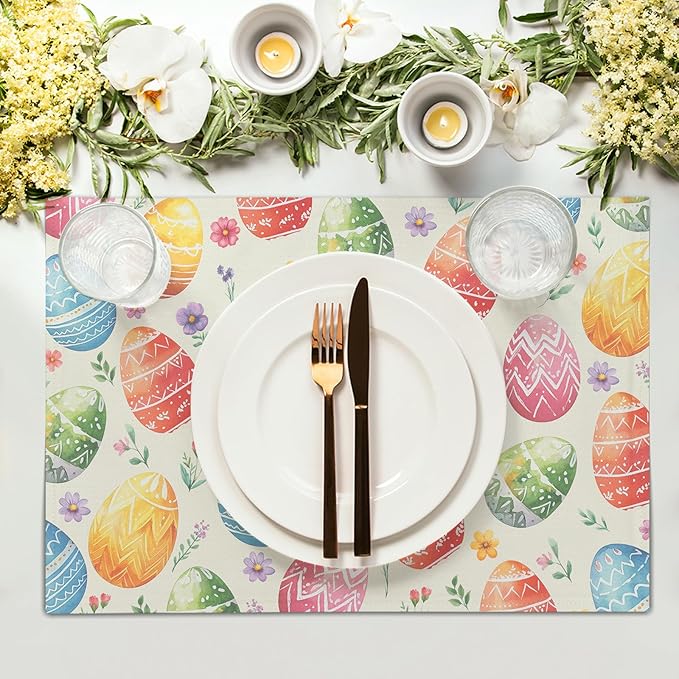 Easter Placemats Set of 4 Spring Colorful Easter Egg Floral Washable Non-Slip Heat Resistant Place Mats 12x18 Inch Rustic Linen Table Mats for Kitchen Dining Party Decor