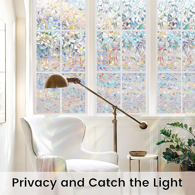 DOWELL Window Privacy Film, Rainbow Window Film, Decorative Stained Glass Clings, Static Cling Door Sticker, Non-Adhesive 3D Decals for Home UV Protection, 11.8 x 78.7 inches