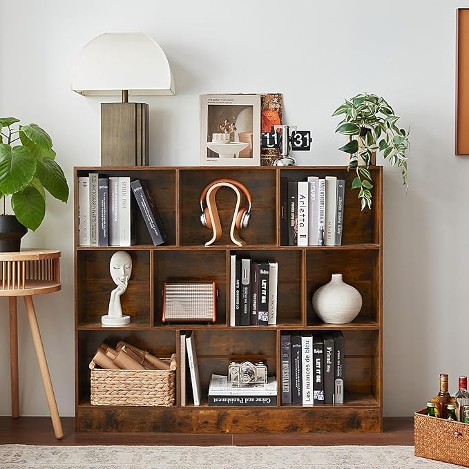 LEYAOYAO 10 Cube Bookshelf with Base,3 Tier Mid-Century Modern Grey Bookcase,Standing Wide Bookshelves Storage Organizer Shelf,Rustic Wood Display Cabinet Book Shelves for Bedroom,Living Room,Office