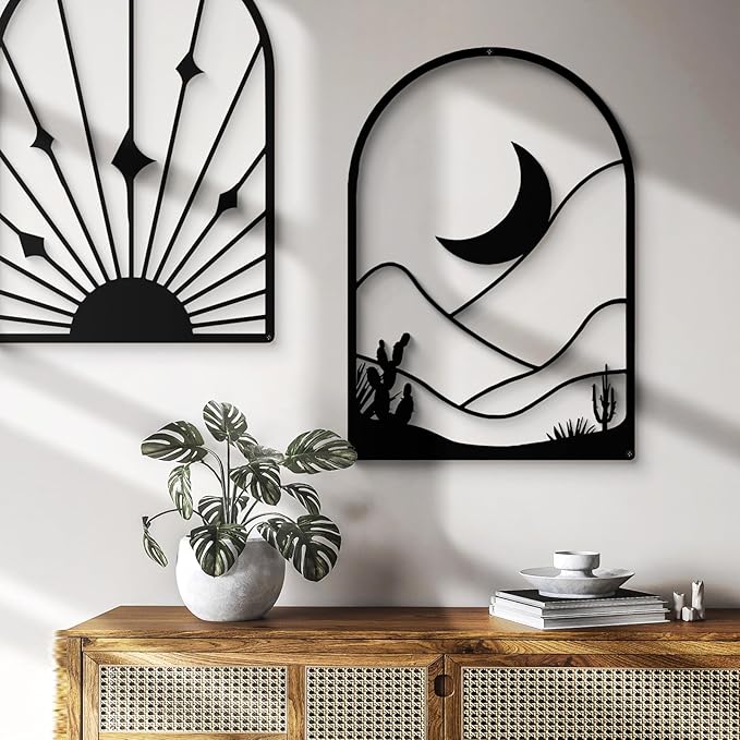 Glamativity 4 Pack Black Abstract Metal Wall Art, Minimalist Décor Single Line Art Wall Décor, 3D Textured Metal Wall Sculptures, for Living Room Bedroom Bathroom Study Room (Black Boho, M Size 17 x 12'')