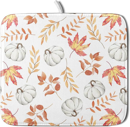 Fall Dish Drying Mat for Kitchen Counter Autumn White Pumpkins Maple Leaves Seasonal Super Absorbent Reversible Microfiber Kitchen Countertop Protector Dishes Pad Small 16x18 inch