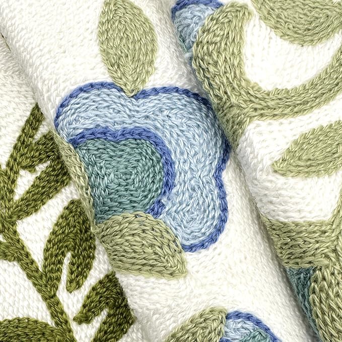 Alysheer Floral Embroidered Summer Decorative Throw Pillow Cover 18"x 18", Farmhouse Cottage Blue Flowers Green Leaves Knit Pattern Cotton Canvas Cushion Case for Sofa Couch Bed Living Room Decor