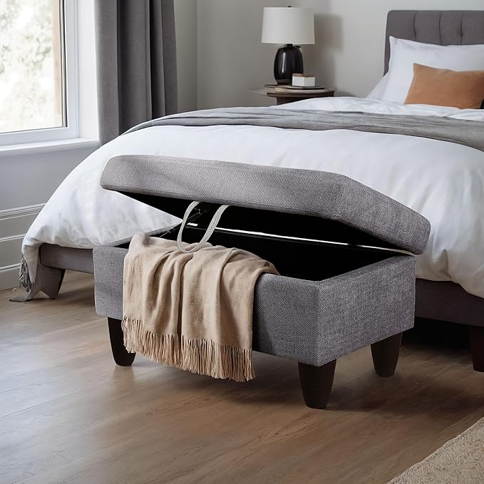 Ottoman Rectangular Storage Ottoman Bench, Flannel Footrest Stool Footstool with Lid for Living Room, Bedroom, Entryway, Gray, 28.5"x19"x17.5"