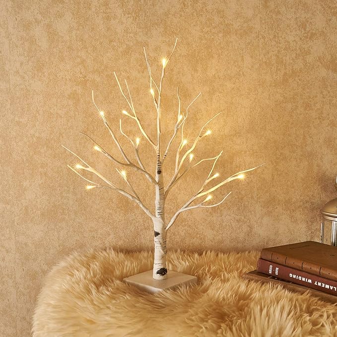 Hairui Lighted Easter Tree with Timer, Tabletop Birch Tree with Lights 18IN 24 LED for Fireplace, Mantle Party Decoration
