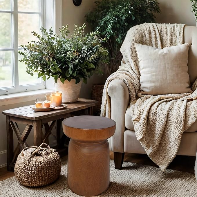 Solid Wood Tree Stump Table Wooden Side Table End Table Plant Stool Handmade Rustic Nightstand Natural Wood Stool Coffee Table for Home Office Patio (Brown)