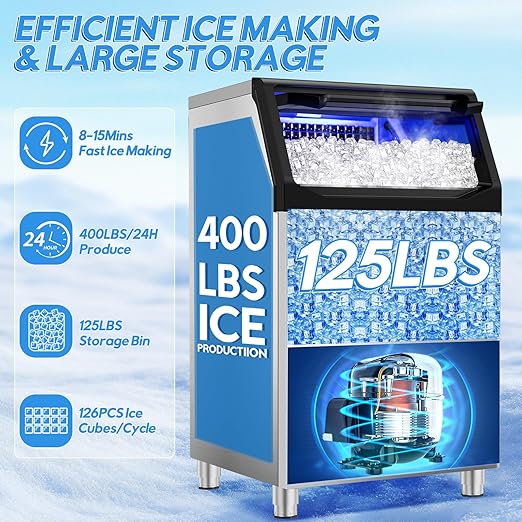 Commercial Ice Maker Machine 400LBS/24H with 125LBS Large Ice Storage Bin, 126Pcs Clear Ice Cubes in 11Mins, Stainless Steel Under Counter Industrial Ice Machine for Bar, Restaurant Business