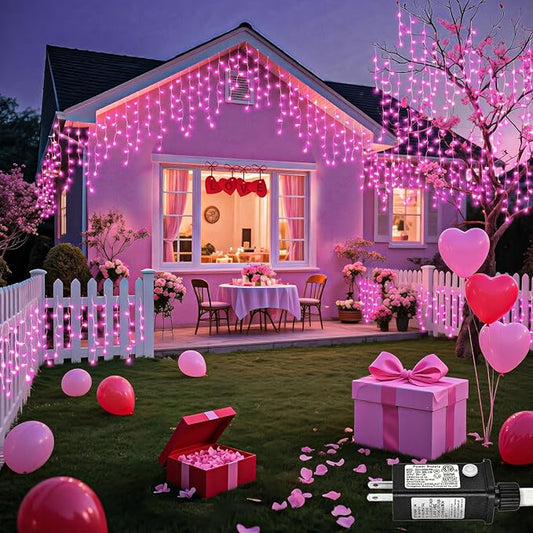 Pink Christmas Lights Outdoor, 33ft 400 LED Icicle Lights for Outside Clear Wire Connectable Twinkle Light with 8 Modes Timer Plug in Waterproof for Window Party Wedding Holiday Patio Tree Decorations