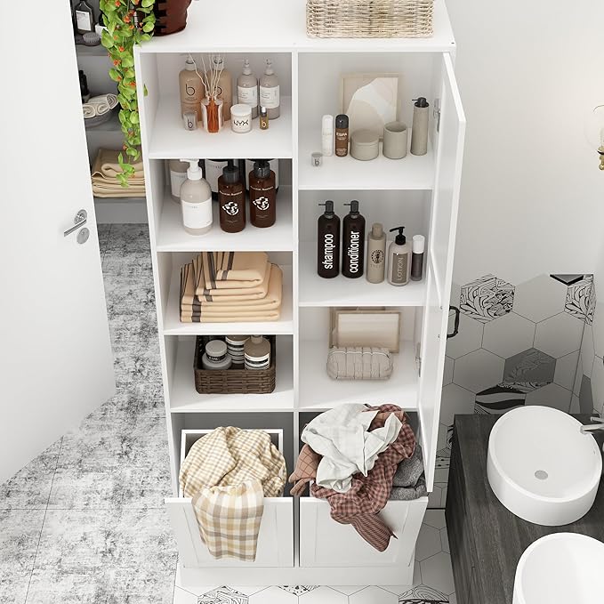 ECACAD Tall Bathroom Storage Cabinet with Shelves and Tilt-Out Laundry Hampers, Freestanding Floor Cabinet for Living Room, Bedroom & Kitchen, White (31.5”W x 13.8”D x 78.7”H)