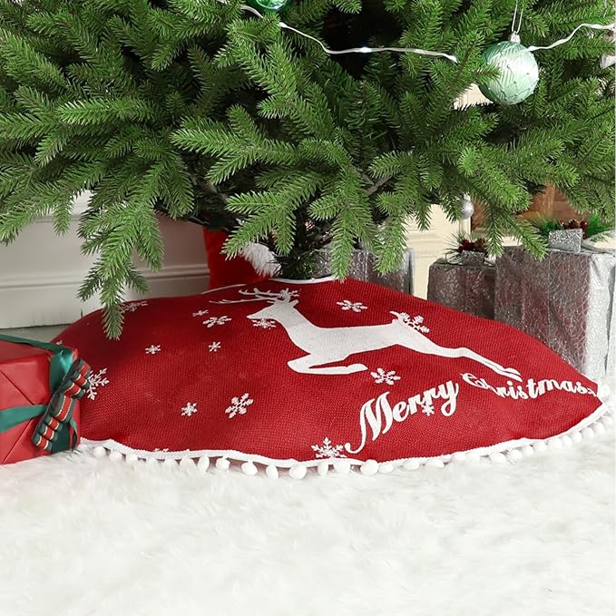 36 Inch Christmas Tree Skirt, Burlap Red Christmas Rustic Tree Skirt with Elk Deer and White Snowflake Printed for Holiday Party Xmas Tree Decoration