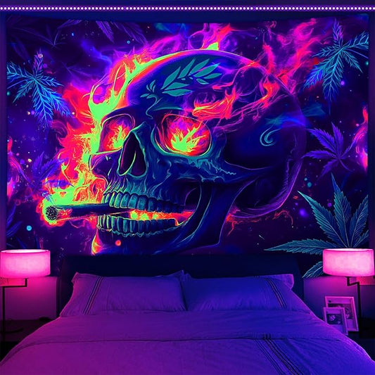Blacklight Skeleton Tapestry, Glowing Skull UV Reactive Gothic Wall Hanging Tapestries, Glow in the Dark Grim Reaper Magic Horror Face Halloween Poster Tapestry for Bedroom Living Room Decor 60X40IN