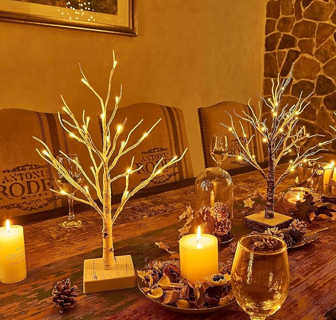 Hairui Lighted Easter Tree with Timer, Tabletop Birch Tree with Lights 18IN 24 LED for Fireplace, Mantle Party Decoration