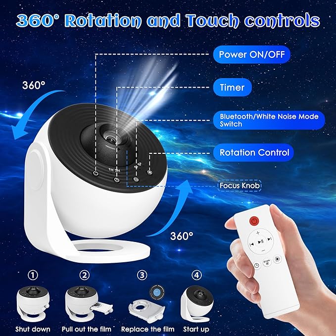 Galaxy Projector for Bedroom Pro Version, HD 12 in 1 Film Discs Star Projector Galaxy Light, Planetarium Projector with Timer, White Noise, 360 ° Rotation, Bluetooth, Remote Control