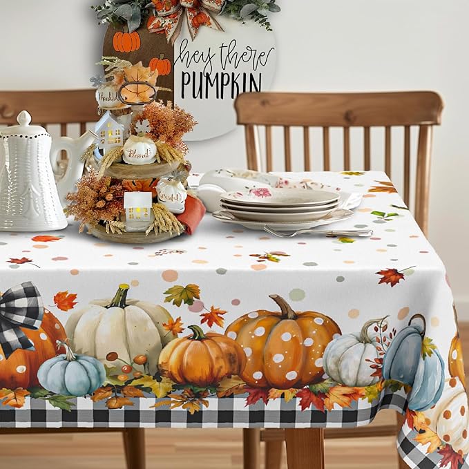 Fall Pumpkin Tablecloth Thanksgiving Autumn Buffalo Plaid Table Cloth 60"x84", Waterproof and Reusable Table Cover for Fall Harvest Party Decoration