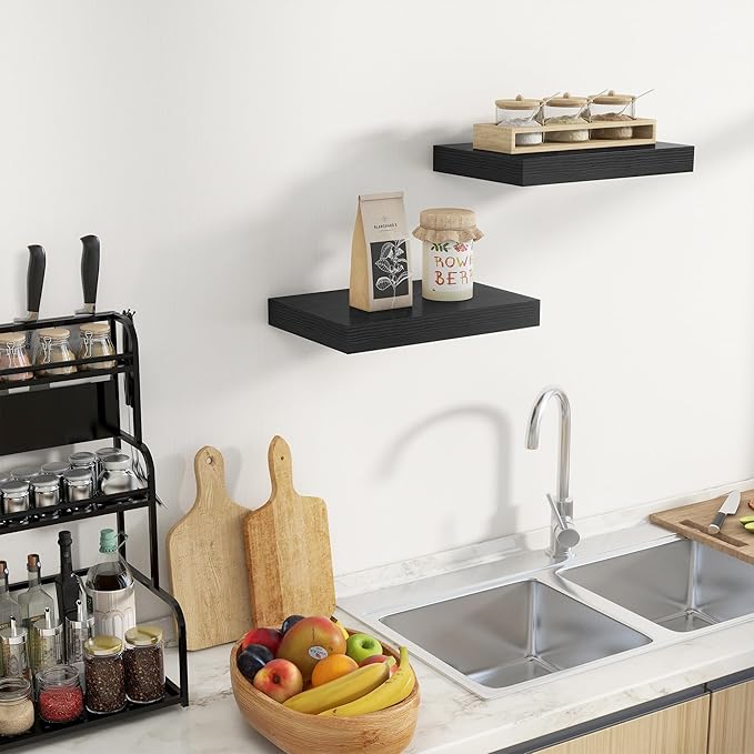 Fun Memories Black Floating Shelves for Wall - 10 x 16 Floating Shelf - Rustic Wood Storage Shelf - Wall Shelves with Invisible Bracket - 16" Bookshelves for Living Room & Bedroom - Black - Set of 2