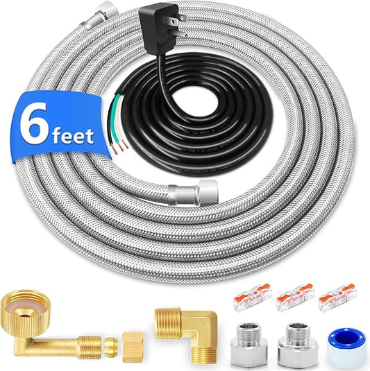 Dishwasher Installation Kit - 6 FT Stainless Steel Dishwasher Hose with 3/8" Compression Connections,Food Grade PEX Inner Tube Dishwasher Water Supply Line with Elbows,Adapters and 6 FT Power Cord