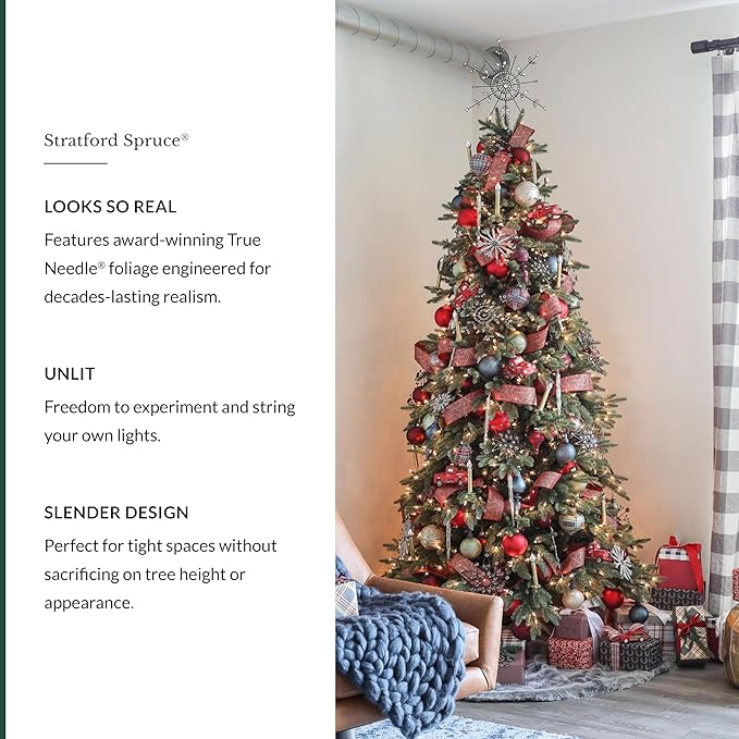 Balsam Hill 7.5ft Unlit Stratford Spruce - Slim Artificial Christmas Tree with True Needle Foliage & Premium Stand for Small Spaces