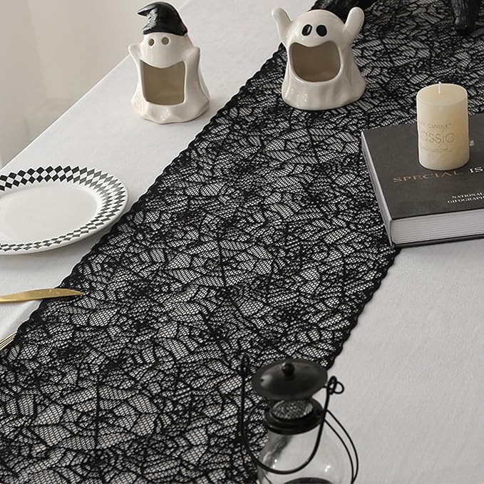 Halloween Spiderweb Lace Table Runners Black Cobweb Designs Table Cover Flag Halloween Tabletop Centerpieces & Fireplace Mantel Decorations for Autumn Home Indoor Party Decor