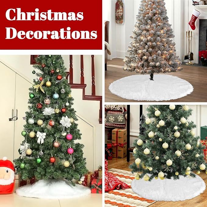 36 Inch Faux Fur Christmas Tree Skirt Soft Snow White Plush Tree Mat Christmas Decorations Fluffy Tree Skirts Xmas Holiday Party Indoor Decorations