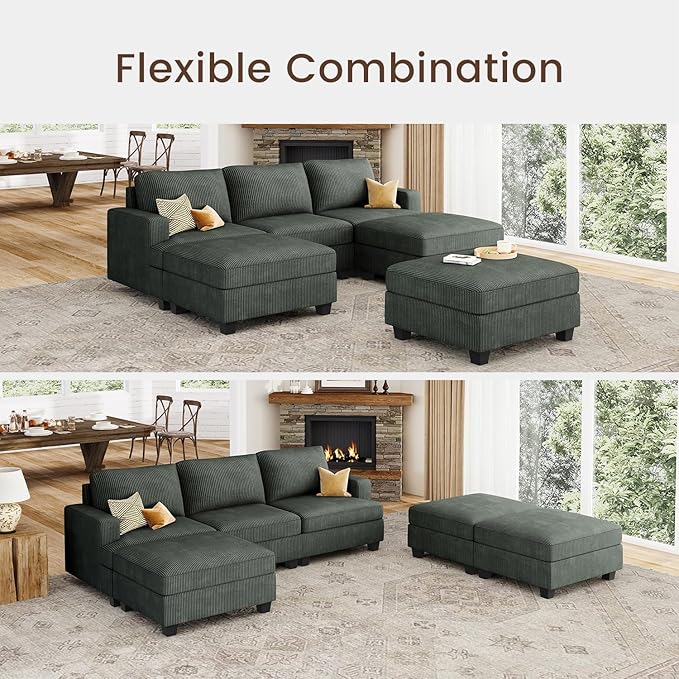 Nolany Corduroy Sectional Couch with Storage Ottoman, Sleeper Sectional Sofa with Chaise, Modular Sectional Couches for Living Room, Green