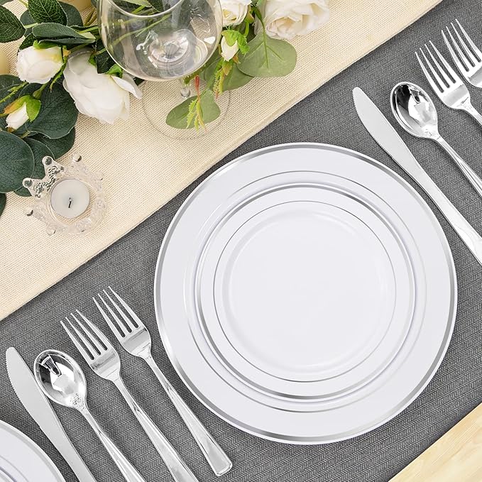 FLOWERCAT 60PCS Silver Plastic Plates - Heavy Duty White and Silver Plastic Plates Disposable - Include 30PCS 10.25inch Dinner Plates and 30PCS 7.5inch Dessert Plates for Wedding&New Year
