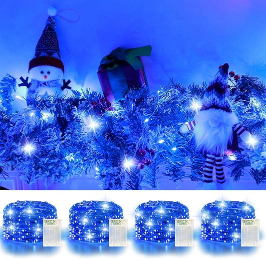 4 Pack 60LED Christmas Fairy Lights Battery Operated - 20FT Twinkle Lights with 2 Lighting Modes Indoor Outdoor, Waterproof Led Fairy String Lights for Bedroom, Classroom, Dorm, DIY Decor, Blue