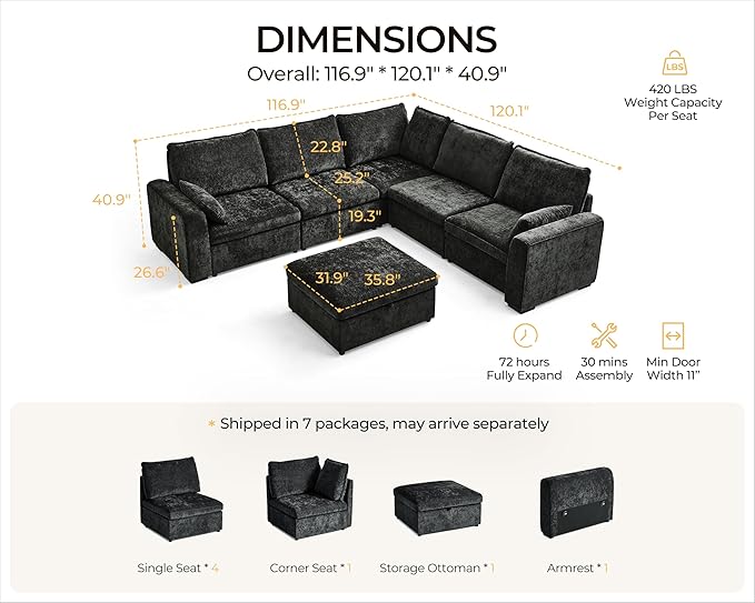 Oversized Modular Sofa Comfy Cloud Couch with Storage, Extra Deep Plush Sectional Sofa Set for Living Room, Covers Washable, Chenille, Olar (Black, 6-seatser with Corner & Ottoman, v-Shaped)