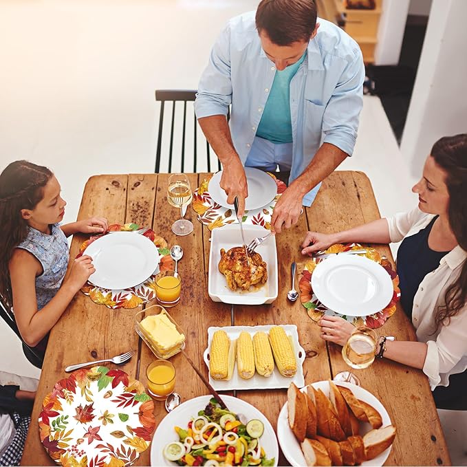 50Pcs Thanksgiving Fall Round Paper Placemats,13.4 Inch Autumn Maple Leaves Round Table Mats Fall Scalloped Disposable Placemats for Harvest Birthday Thanksgiving Party Supplies