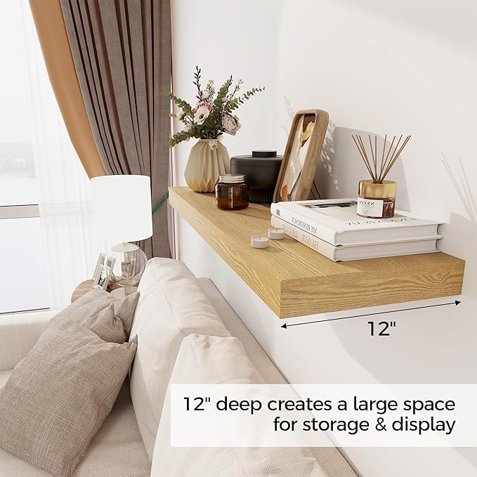 Floating Shelves 30 Inch Long, 12 Inch Deep Floating Shelf for Books, Rustic Wood 30 x 12 Storage Shelves for Wall Storage & Display, Thicked Wall Shelf for Kitchen, Living Room, Oak Color, 1 Pack