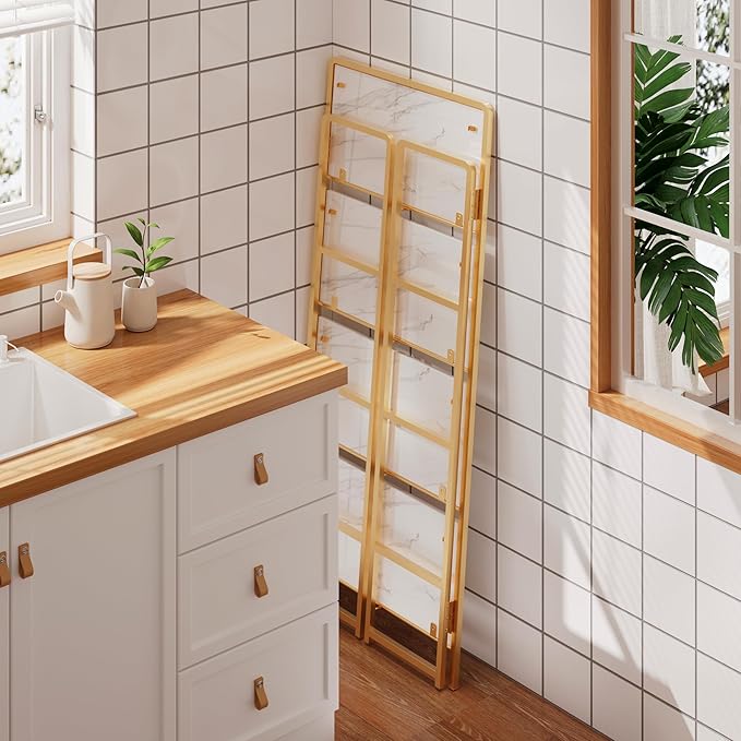 4NM No Assembly Foldable Bookshelf, 4-Shelf Collapsible Bookcase Storage for Small Spaces, 54" H, White and Golden