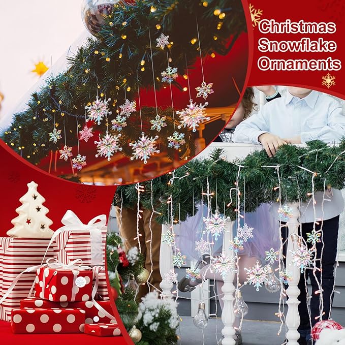 Dilunave 40 Pieces Christmas Snowflake Ornaments Acrylic Christmas Tree Decorations Crystal Snowflakes Translucent Winter Hanging Ornament for Tree(Iridescent)