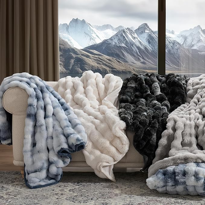 EVERGRACE Ultra Soft Luxury Fluffy Ridgeline Faux Rabbit Fur Throw Blanket, Thick Warm Bubble Throw for Bed, Cozy Plush Reversible Blankets for Couch, Chair, Sofa, Cloud Blue, 50x60 Inches, 870 GSM