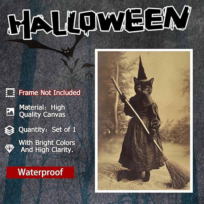 Halloween Decor Posters Black Cat Witch Canvas Wall Art Vintage Spooky Print Of Gothic Room Family Dark Academia Decorations Creepy Picture Poster Aesthetic 12X16inch Unframed