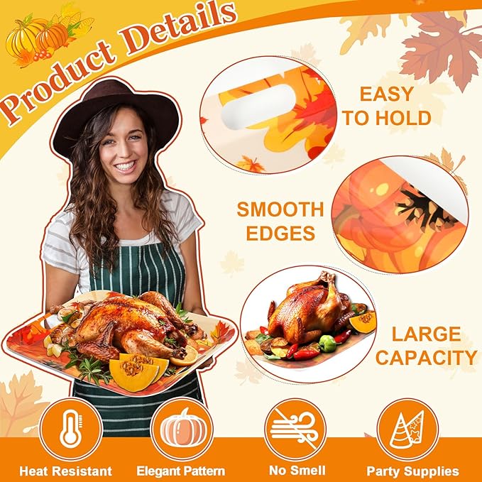 gisgfim 2Pcs Thanksgiving Day Fall Serving Tray 16.1 X 11.1 Inch Large Melamine Trays Platters with Handles Fall Pumpkin Leaves Food Trays Turkey Serving Dishes Snacks Dessert Plates Party Decorations