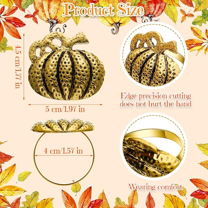 20 Pcs Thanksgiving Pumpkin Napkin Rings Gold Napkin Holders Fall Dinner Table Napkin Rings for Thanksgiving Harvest Table Party Decoration